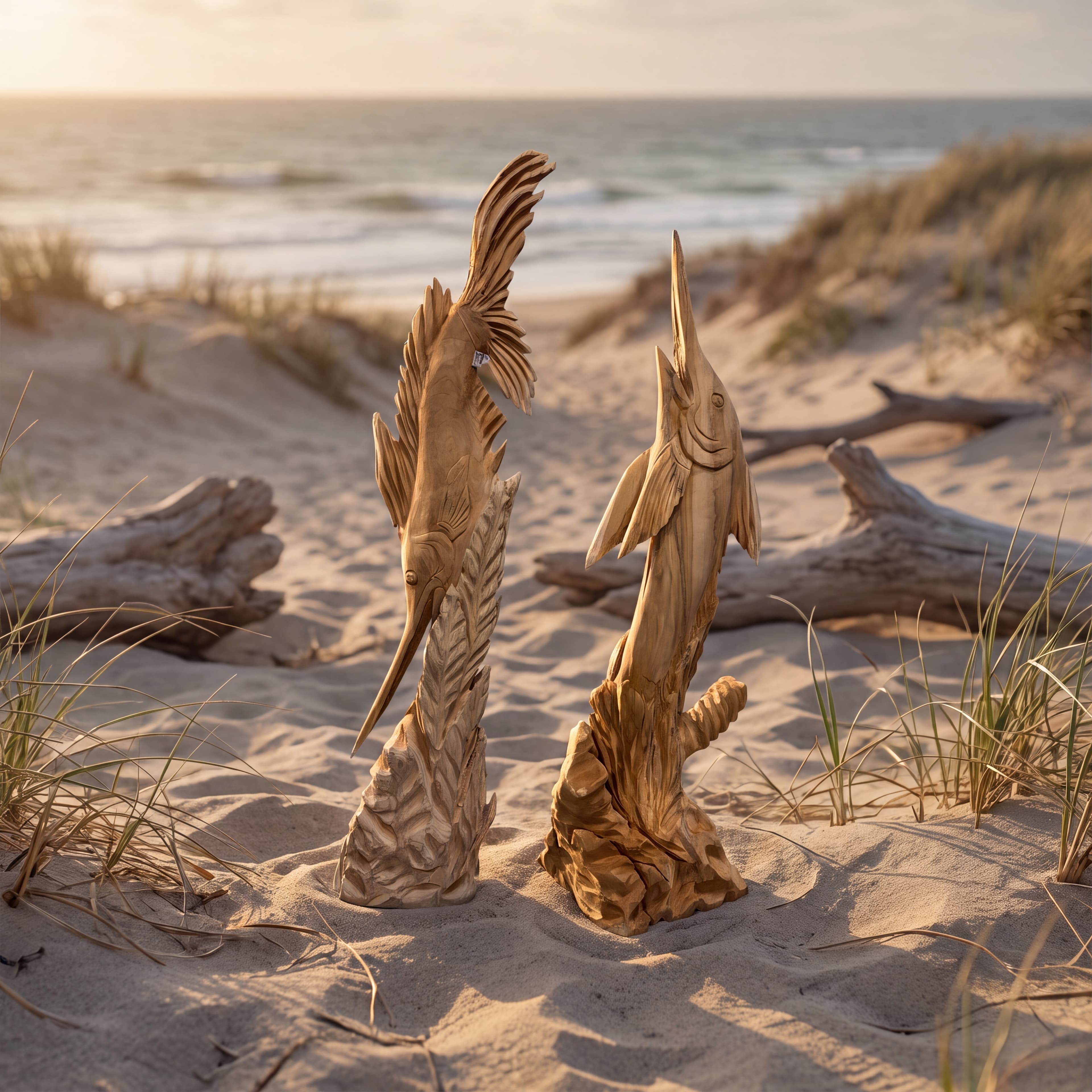 Marlijn van gerecycled teak, een marlijn met spitse snuit en gebogen lijf op een voet, met een tweede marlijn ernaast