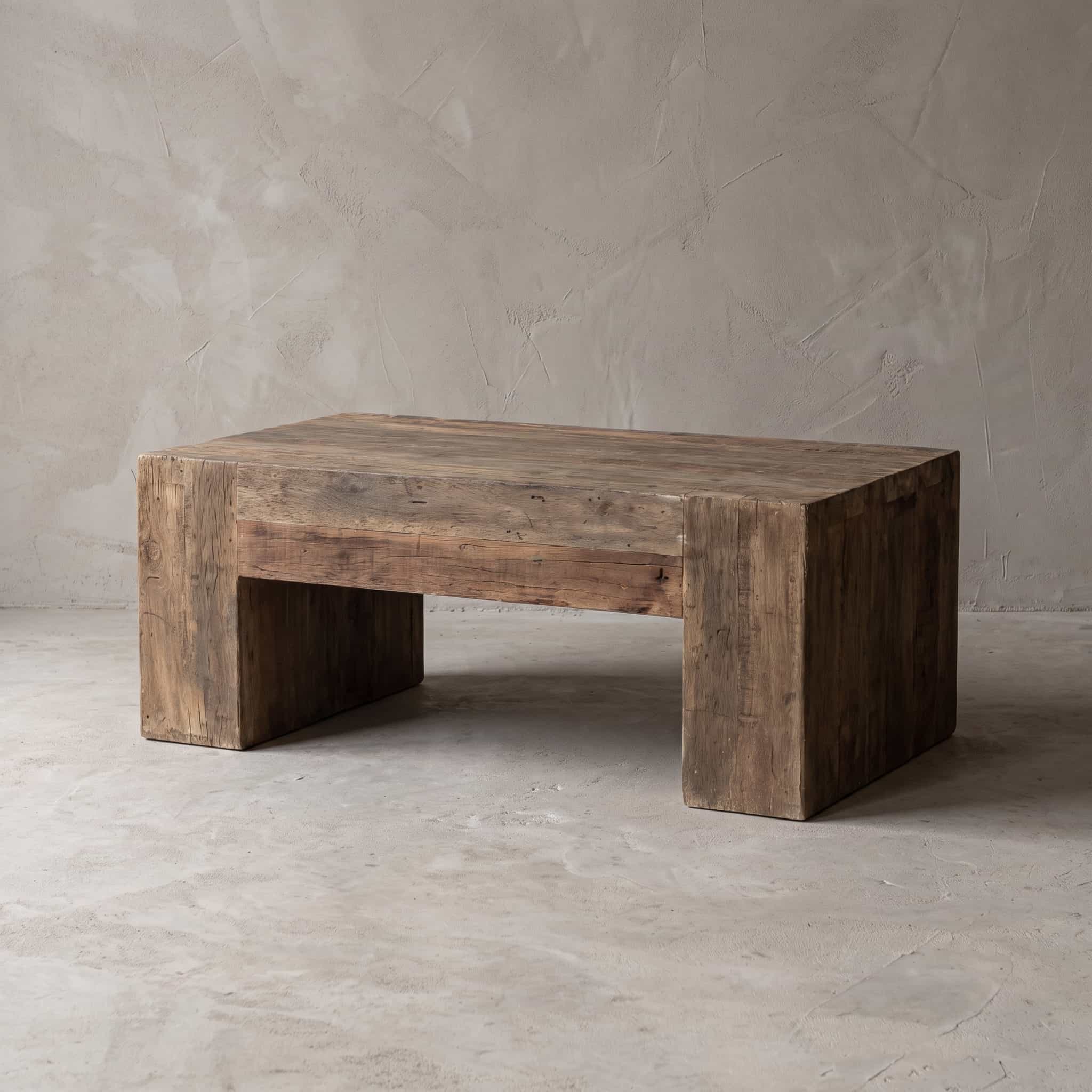 Salontafel Balok Avatar van gerecycled hardhout, schuin vooraanzicht van de blokvorm op twee poten van staande planken