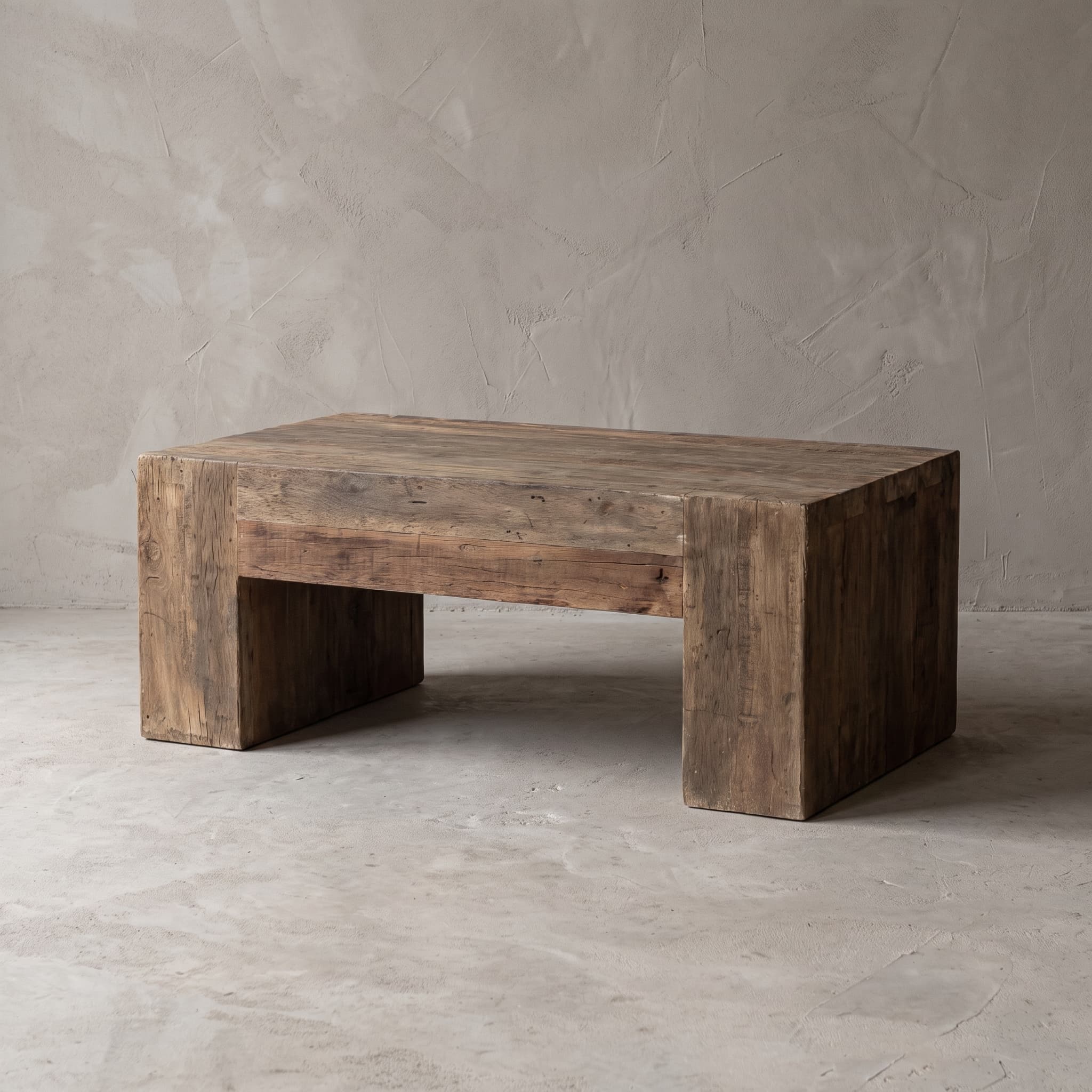 Salontafel Balok Avatar van gerecycled hardhout, schuin vooraanzicht van de blokvorm op twee poten van staande planken