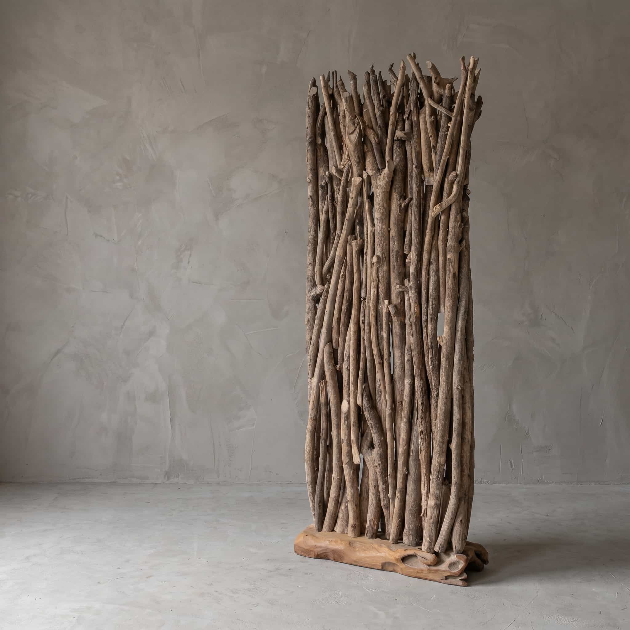 Roomdivider van gerecycled teak, vooraanzicht van de rechtopstaande takken op de platte houten voet, voor een grijze wand