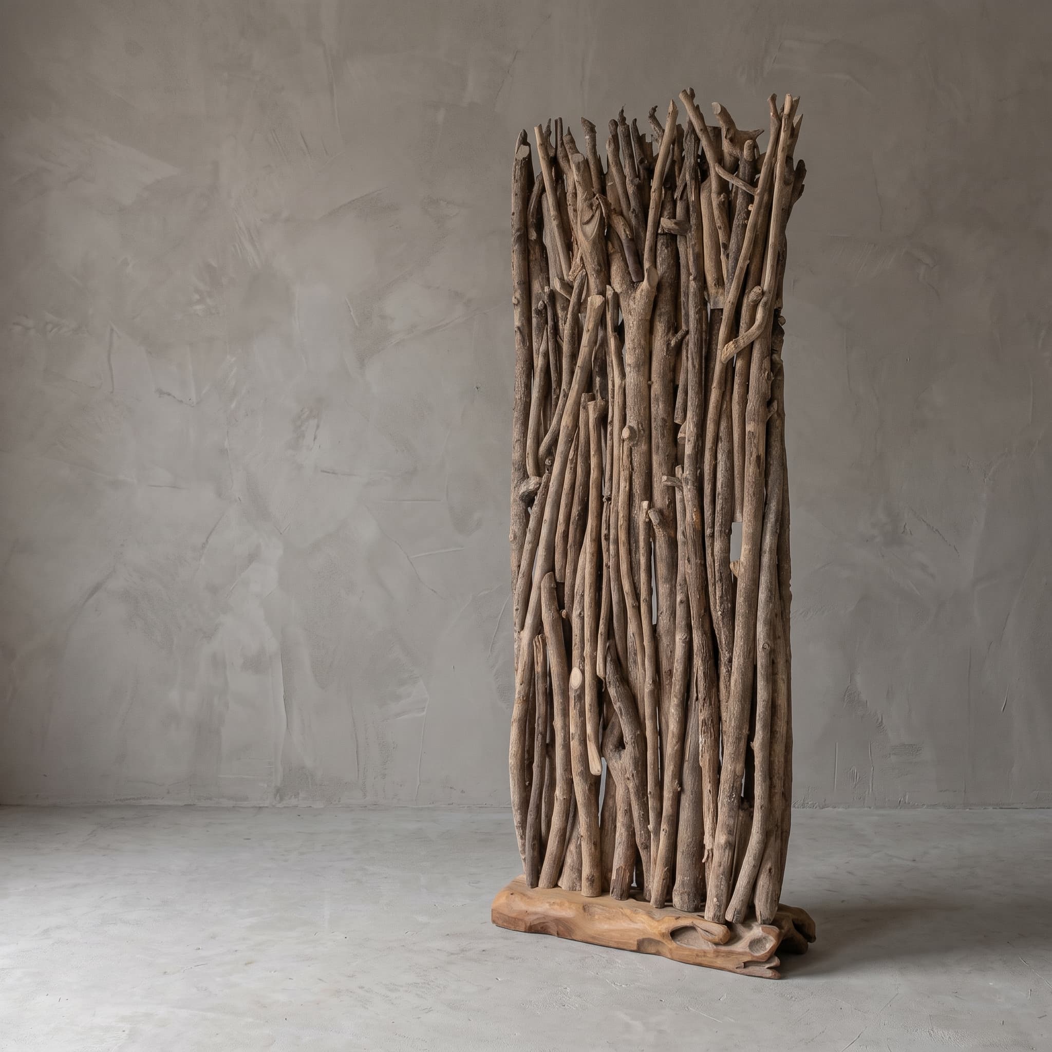 Roomdivider van gerecycled teak, vooraanzicht van de rechtopstaande takken op de platte houten voet, voor een grijze wand