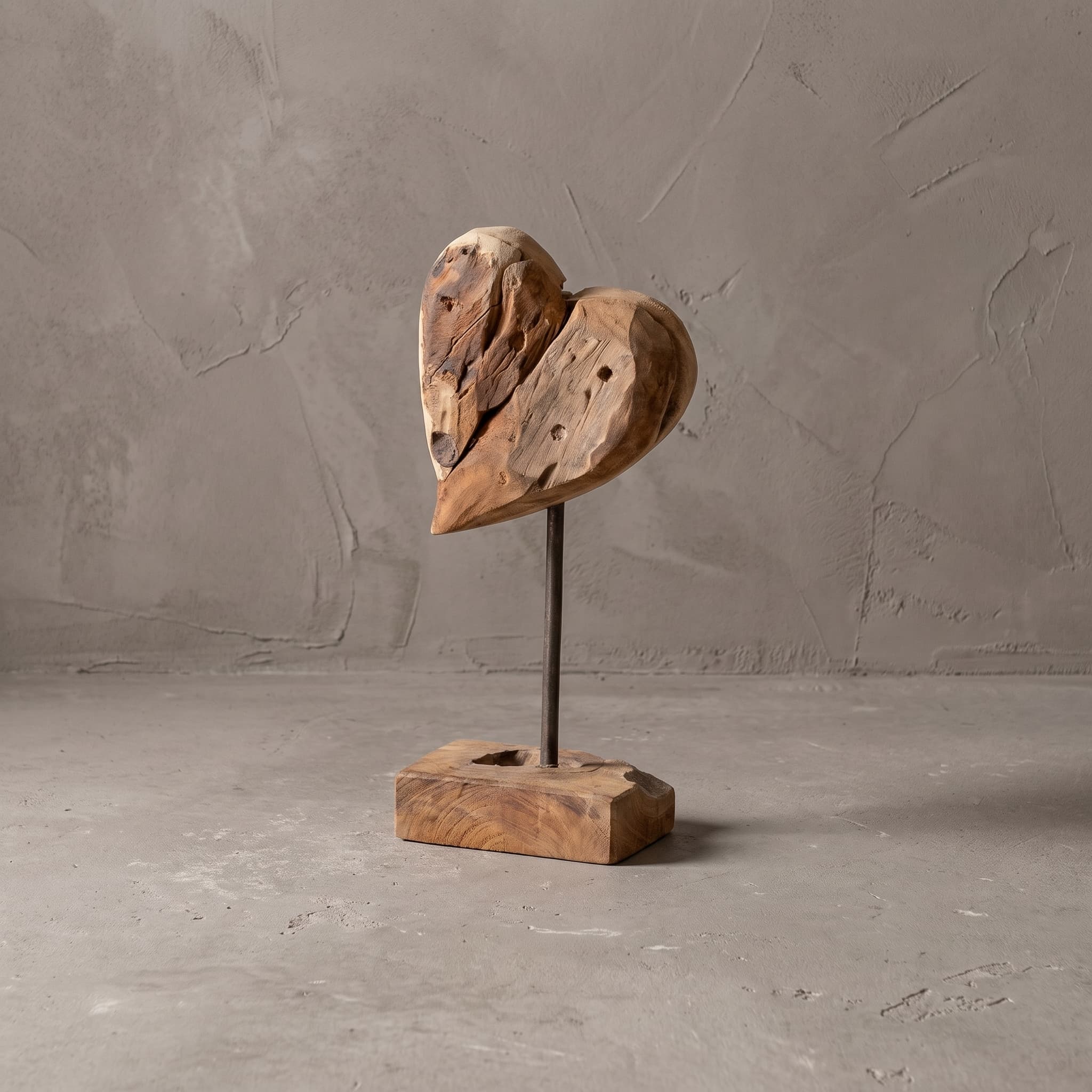 Sokkel Papan van gerecycled teak, hart, schuin zijaanzicht van het bolle hart op de staaf in de voet, voor een grijze wand