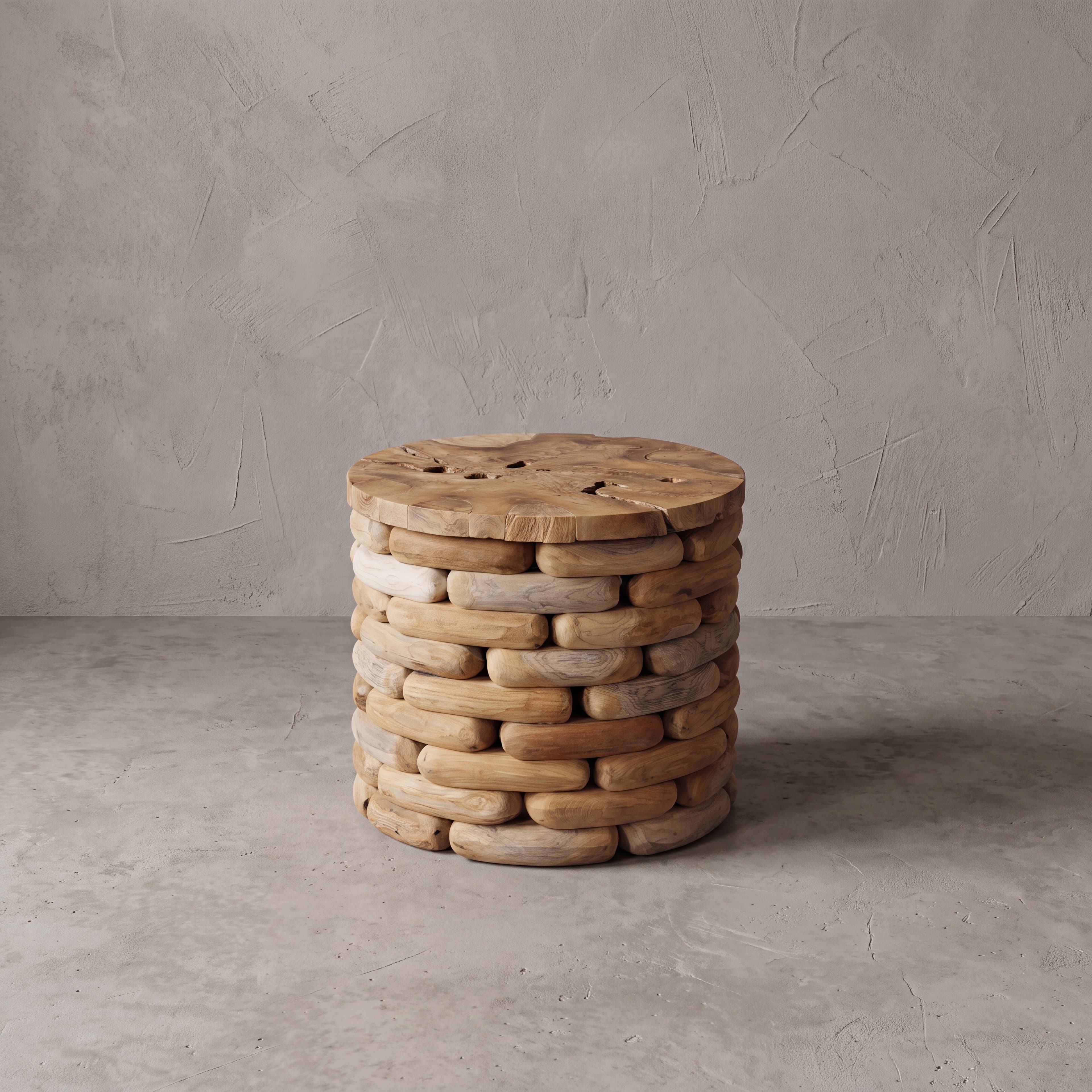 Salontafel Arunja van gerecycled teak, rond, in maat Ø 60 cm, vooraanzicht van de gestapelde blokjes onder het blad