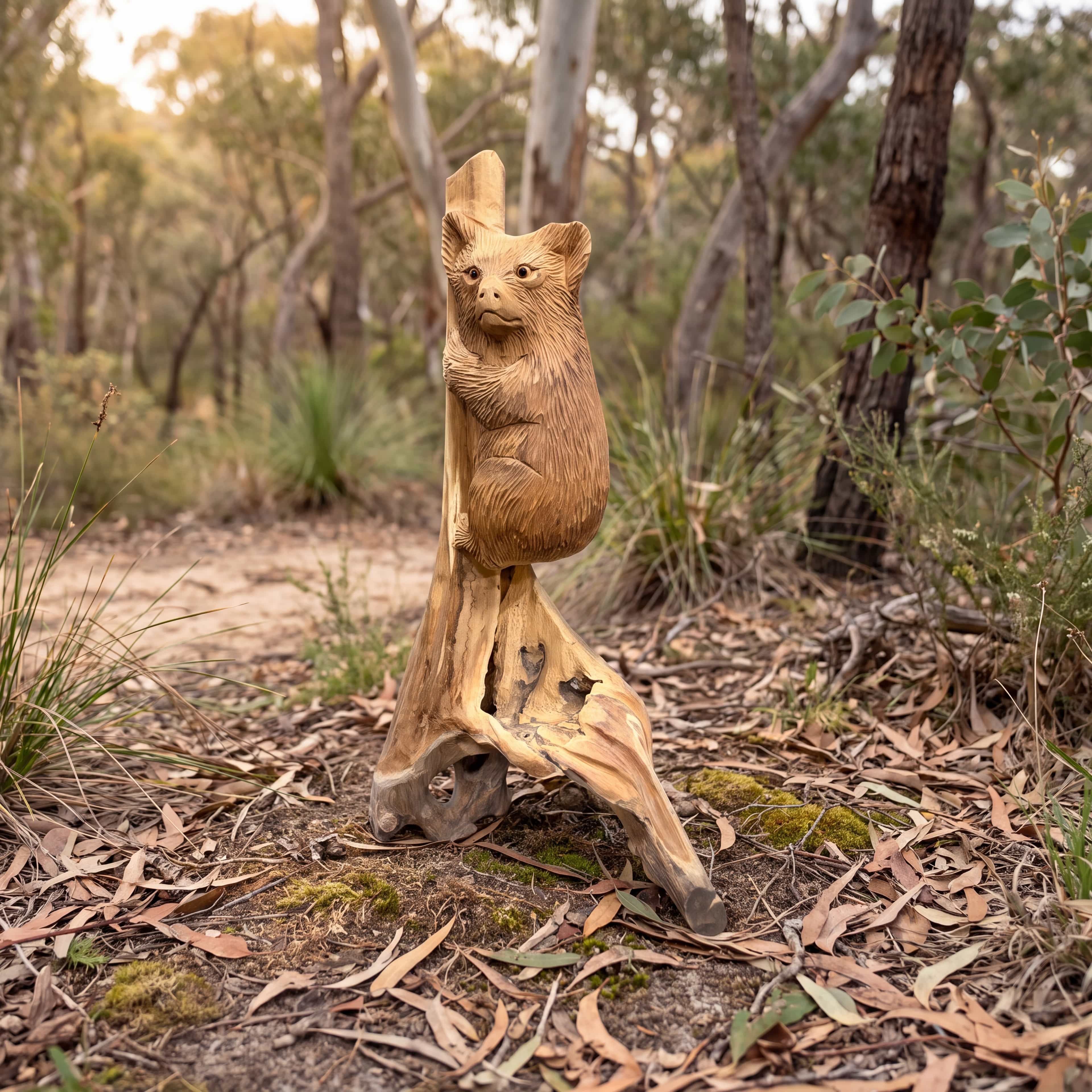 Koala van gerecycled teak, schuin vooraanzicht van de koala die zich aan een staande stam met holten vastklemt