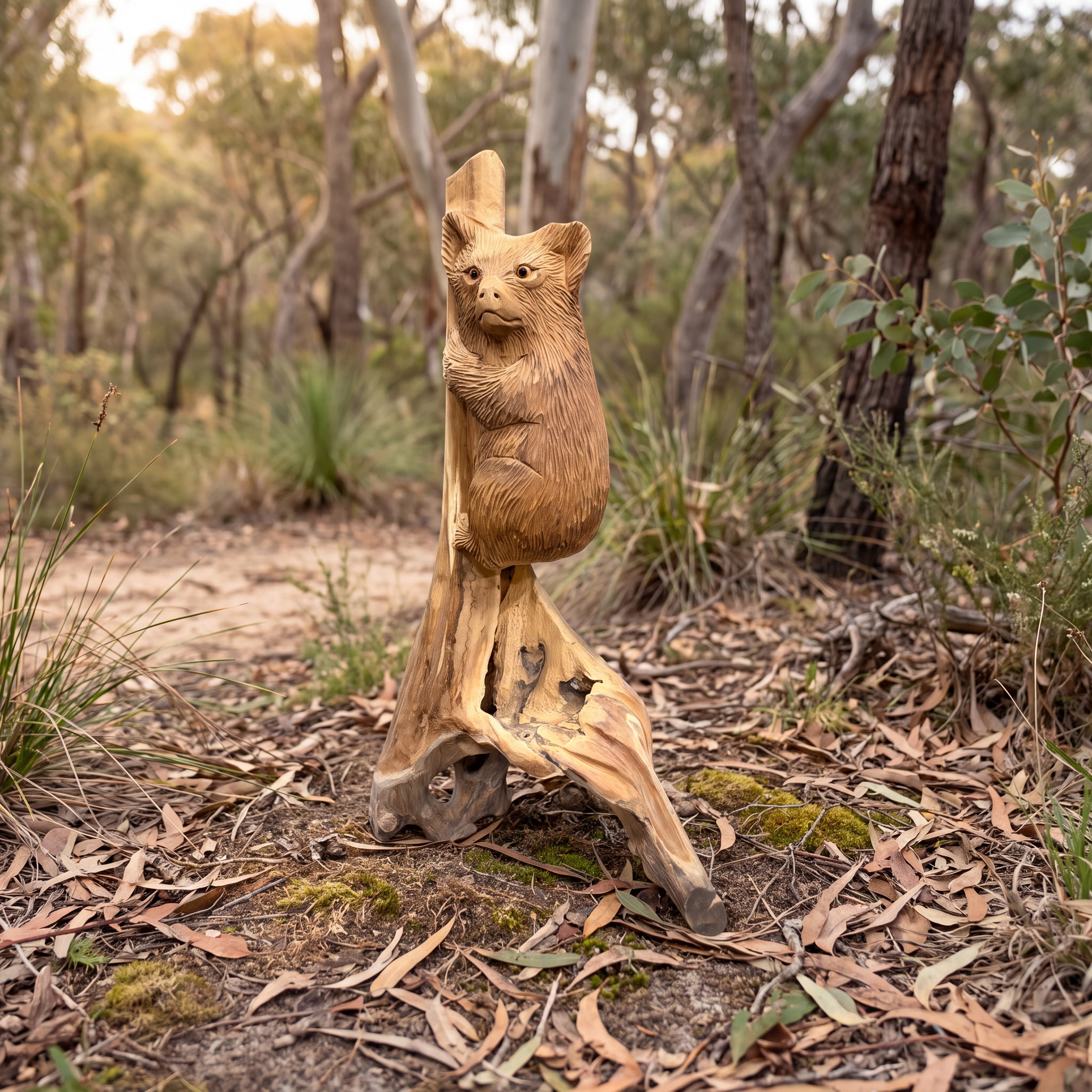 Koala van gerecycled teak, schuin vooraanzicht van de koala die zich aan een staande stam met holten vastklemt