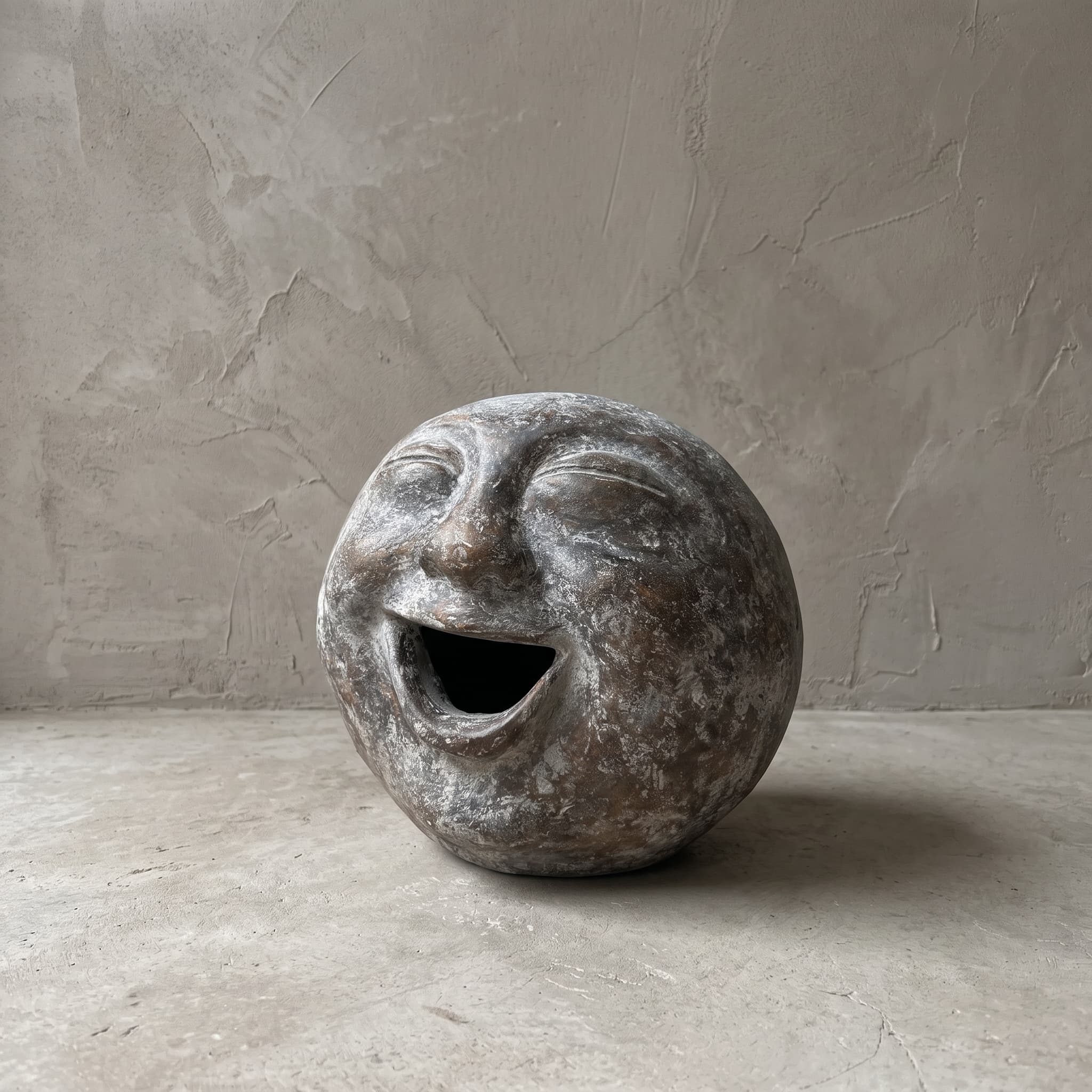 Beeld Moon van polystone, lachend, iets schuin gezien, zodat de ronde zijkant van de bol zichtbaar is
