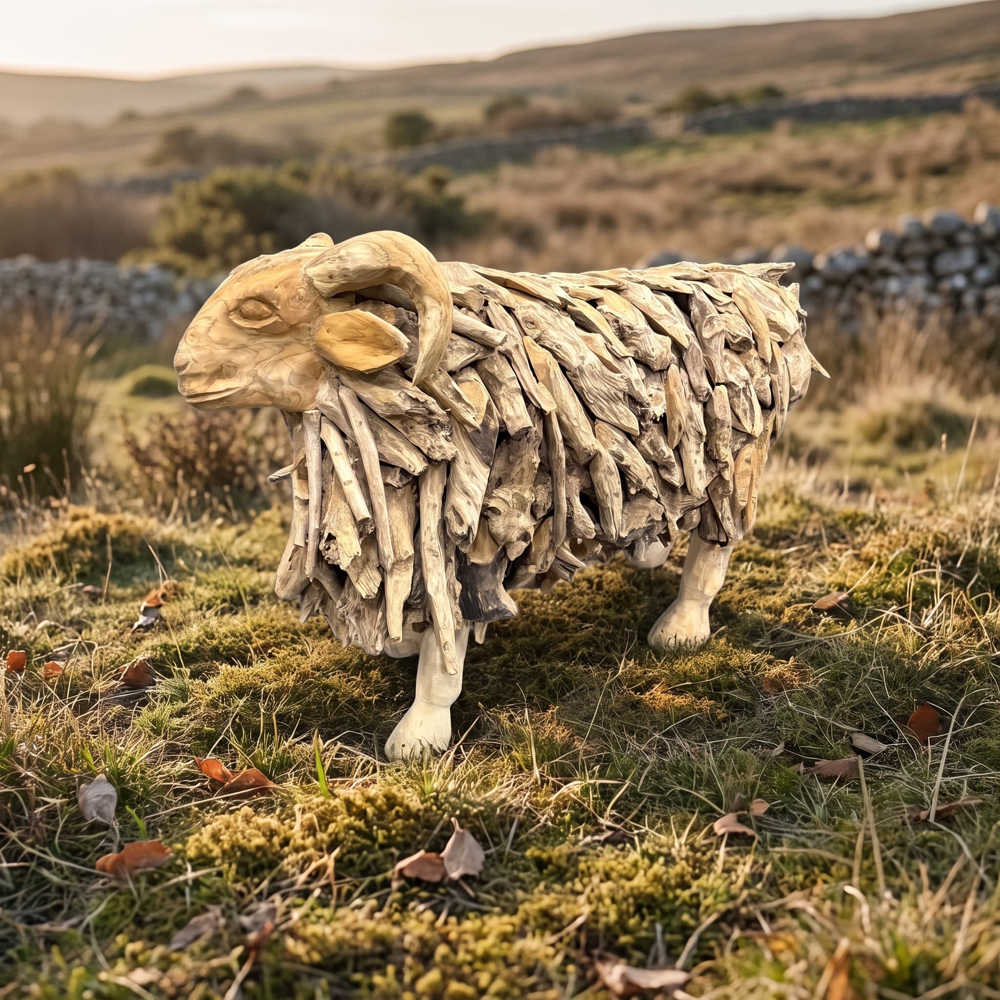 Schaap van gerecycled teak met gekrulde hoorn, op gras en mos in een heuvelachtig heidelandschap met stenen muurtjes