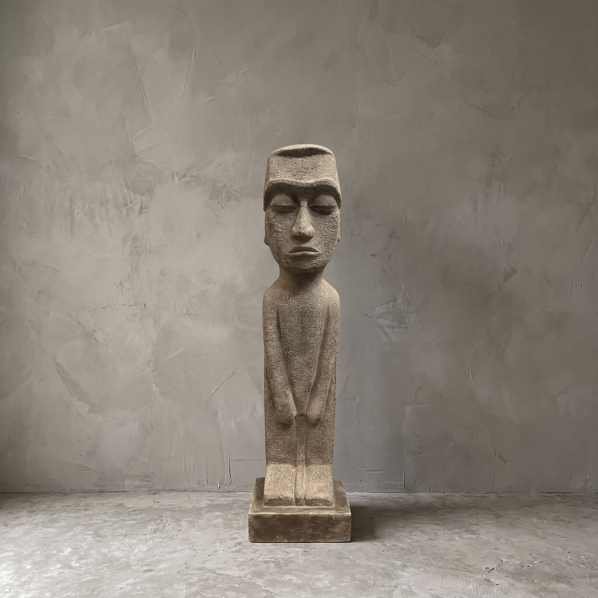 Beeld Konggo 3 van polystone, vooraanzicht van de zandgrijze figuur met holle kruin, strenge mond en rechte benen op een lage voet