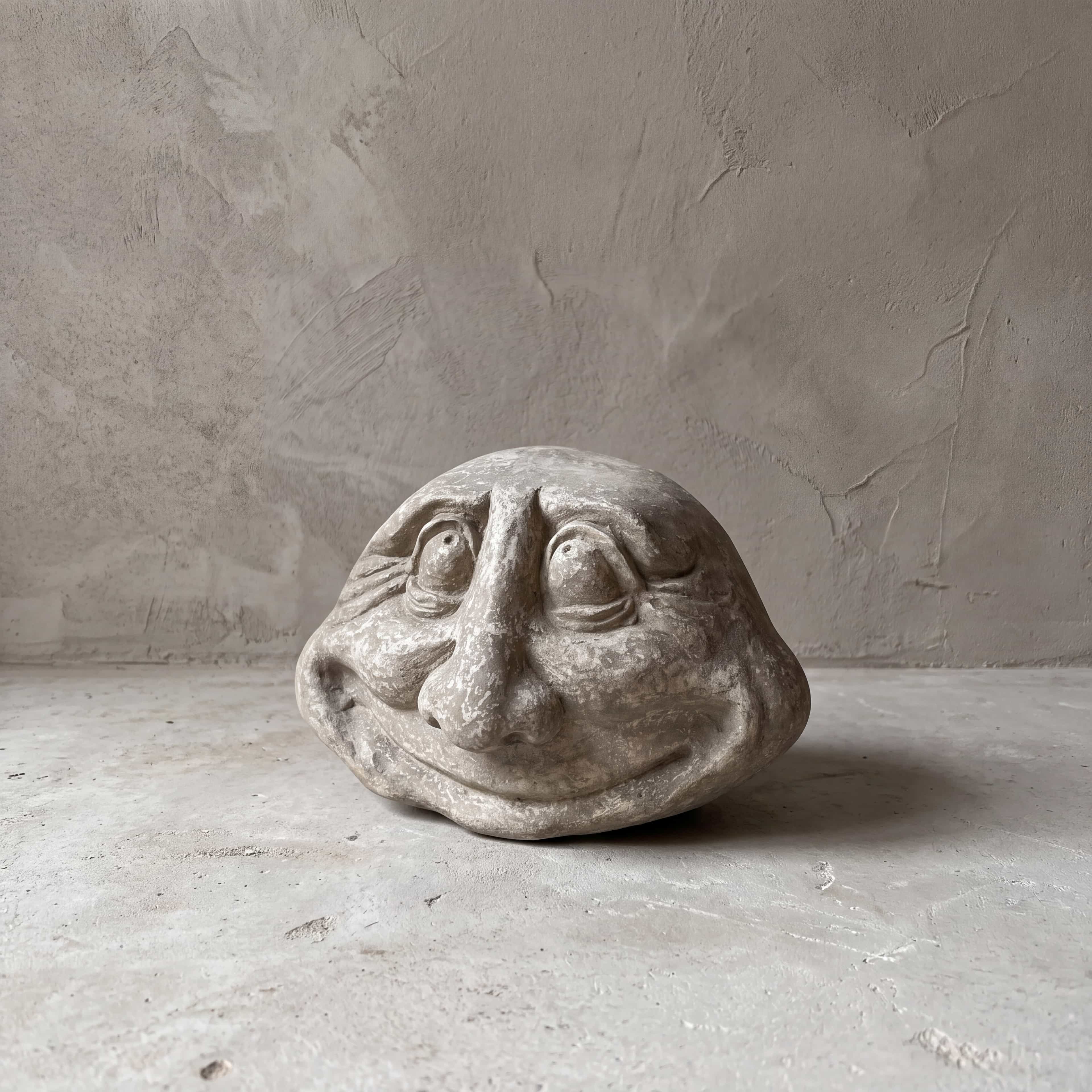 Beeld Moon van polystone, bolle ogen, vooraanzicht van het lage hoofd met omhoog kijkende ogen en een glimlach