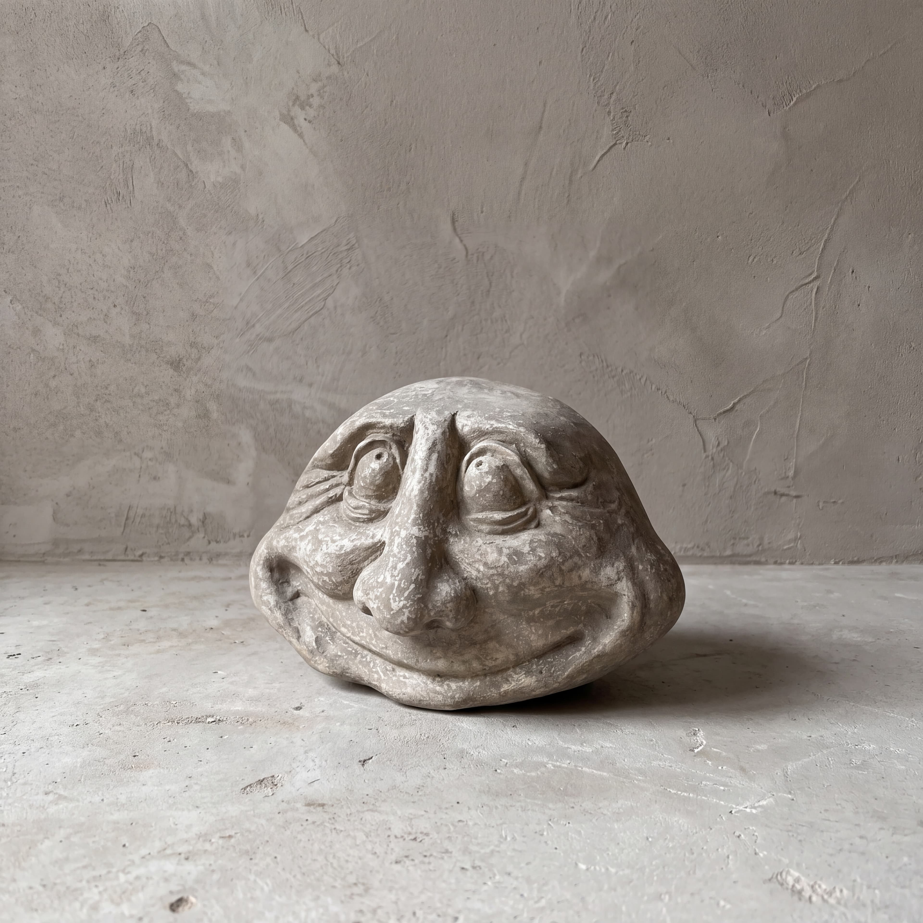 Beeld Moon van polystone, bolle ogen, vooraanzicht van het lage hoofd met omhoog kijkende ogen en een glimlach