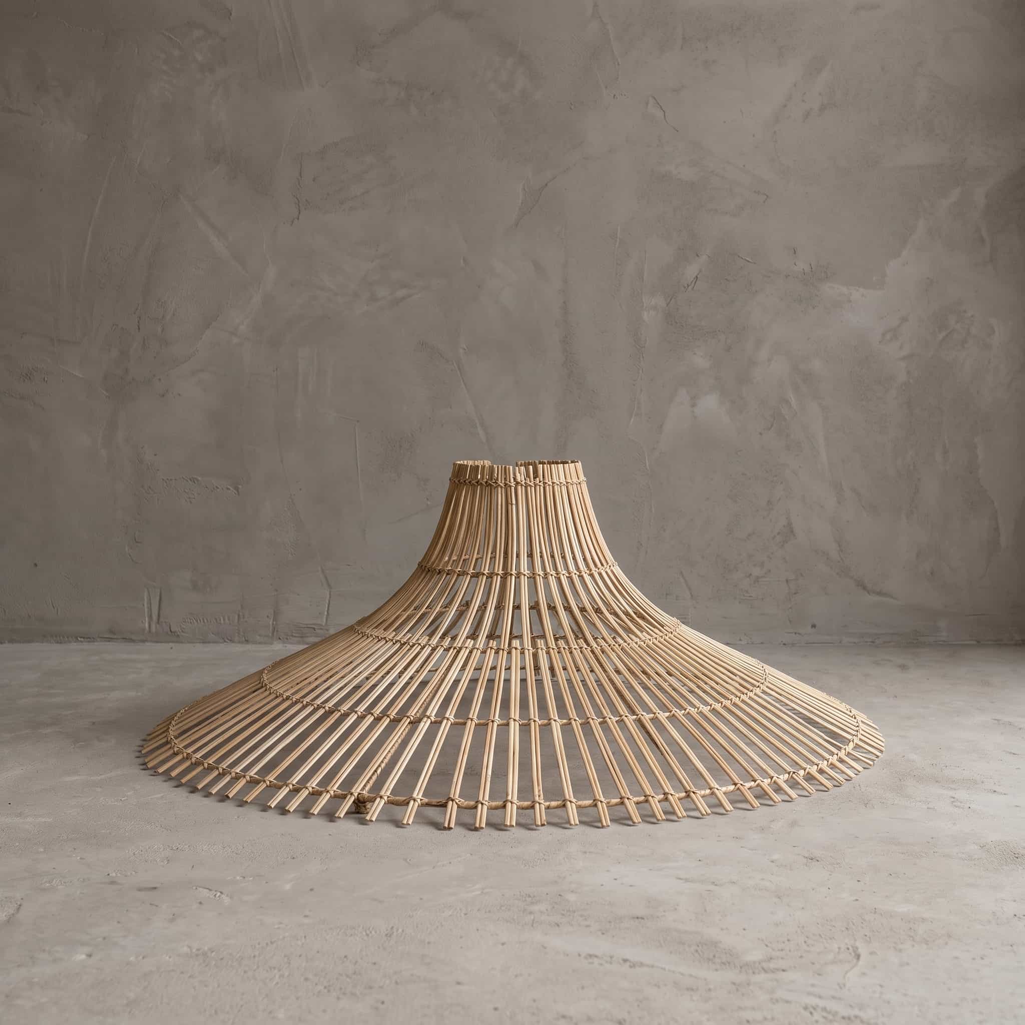 Lampenkap van rotan, vooraanzicht van een lage kegel met dunne staven en ringen op een betonvloer