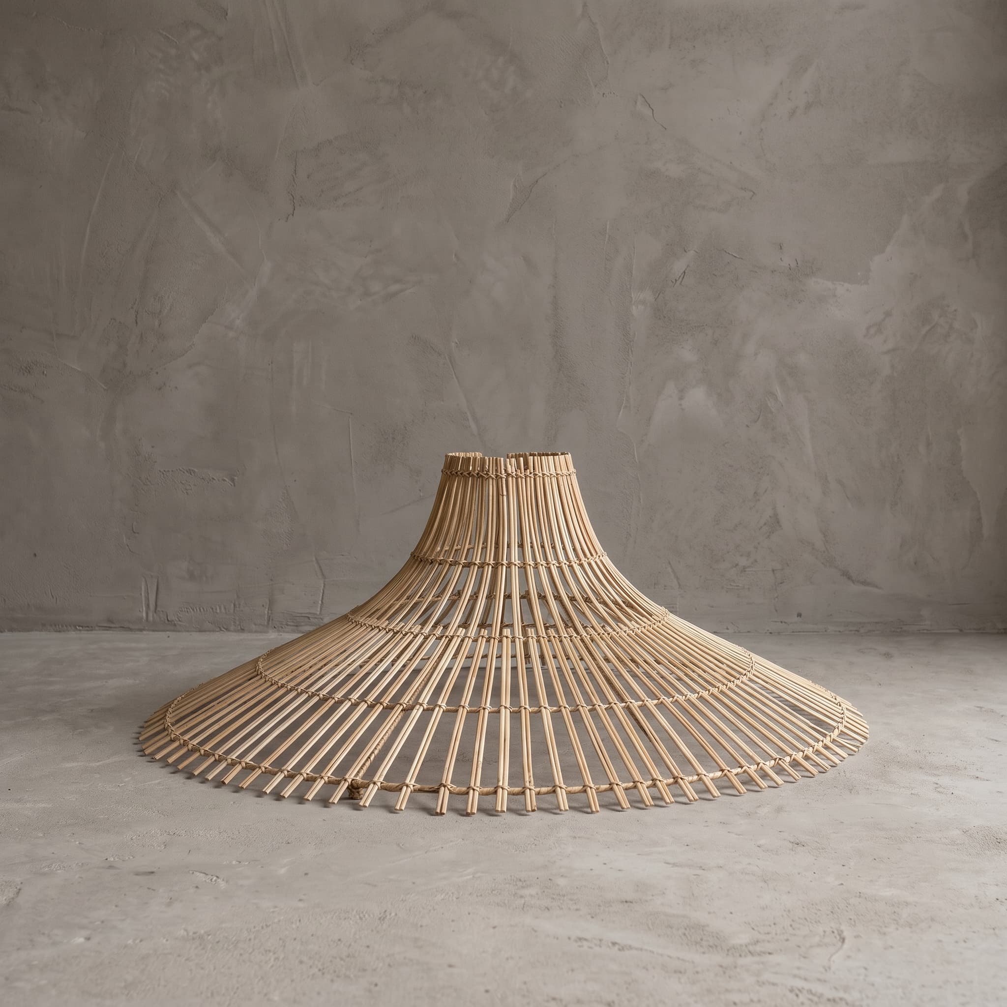 Lampenkap van rotan, vooraanzicht van een lage kegel met dunne staven en ringen op een betonvloer